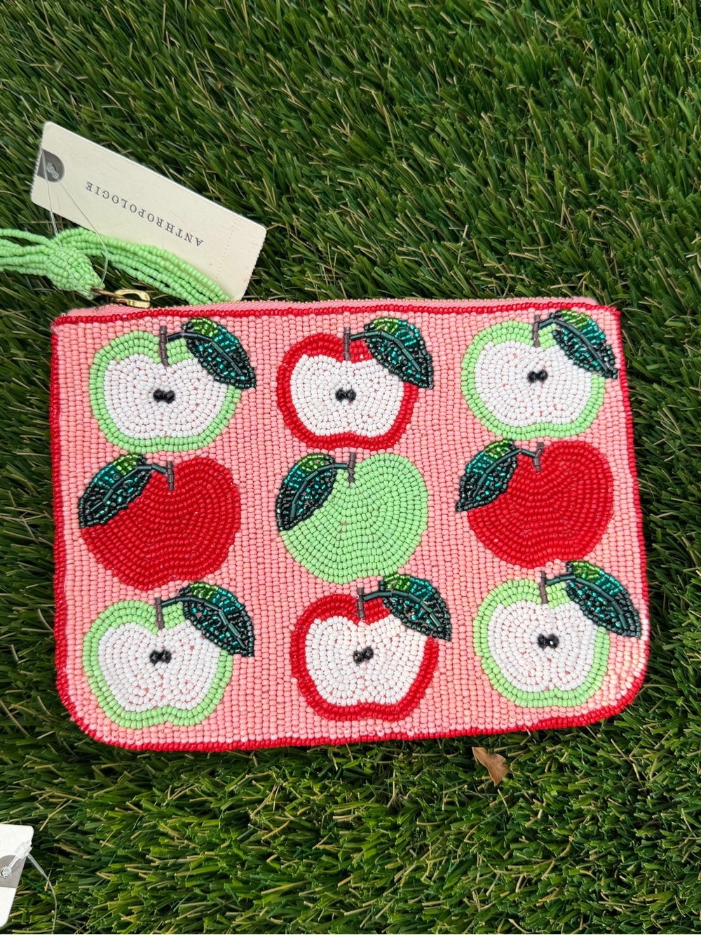 Anthropologie Pink Beaded Apple Zip Pouch with Red & Green Apples